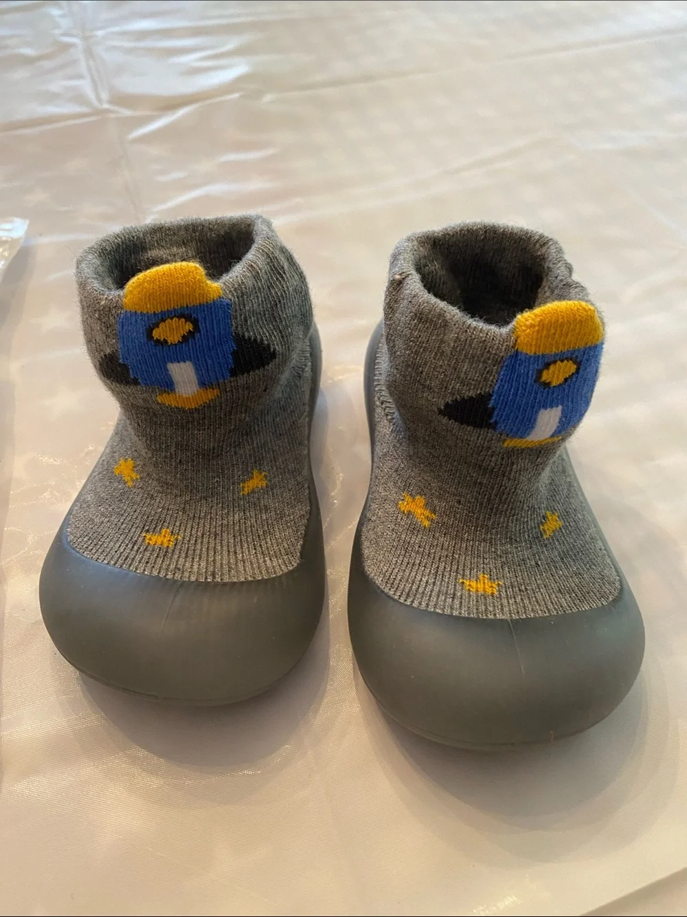 Gray Kids Socks-to-Shoe Booties with Yellow and Blue Rocket Design